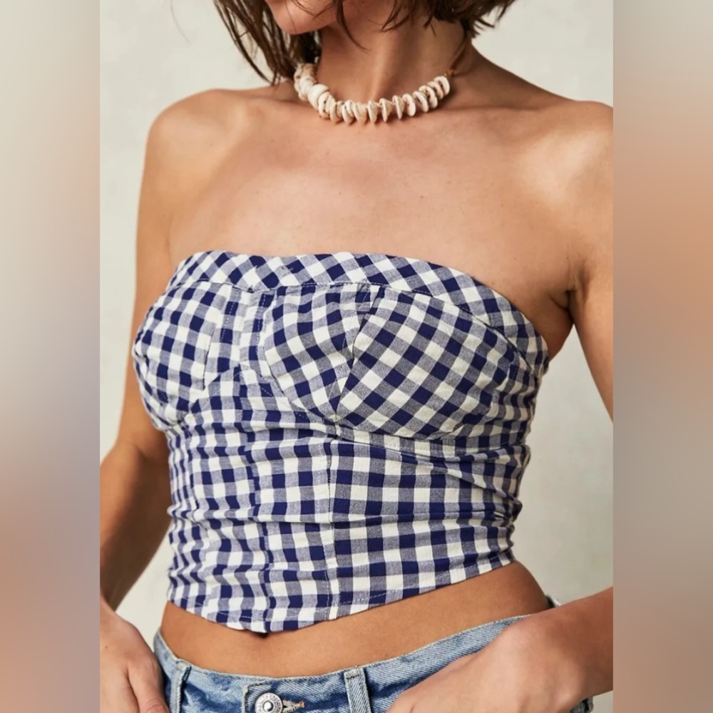 New! Free people Leilani Tube Top in blue Gingham size large